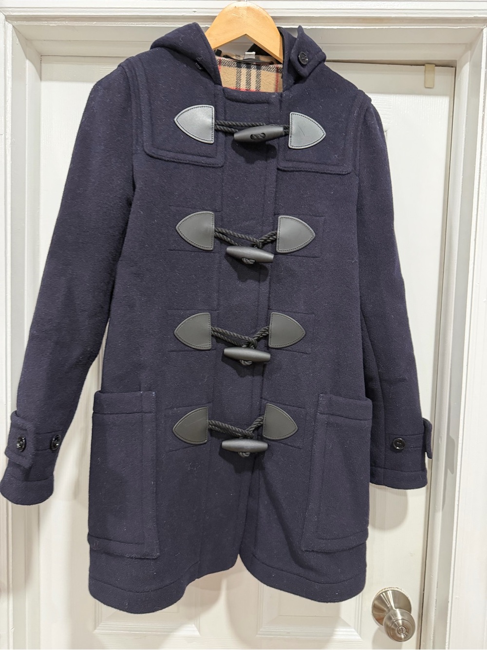 Burberry Navy Wool Toggle Duffle Coat with Hood